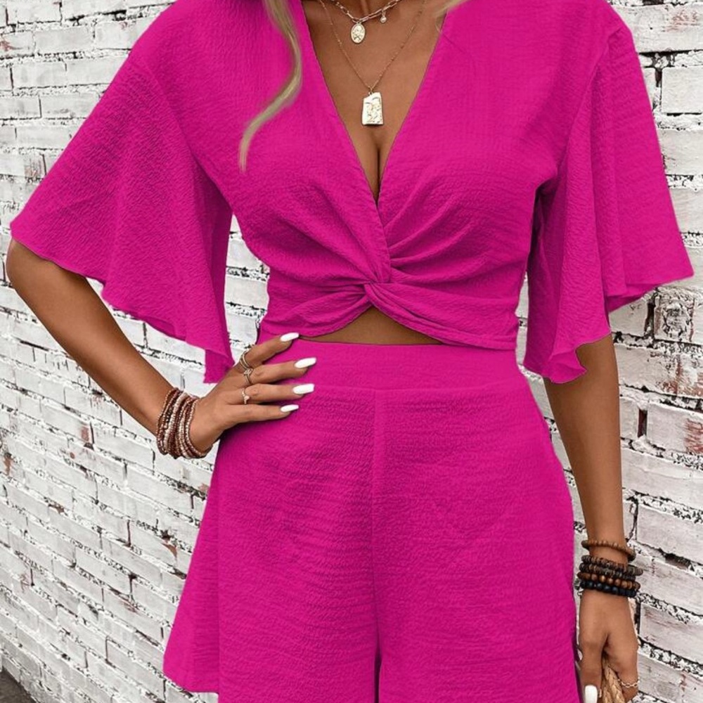 Vibrant Pink Twist-Front Top and Shorts Set